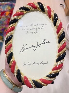 Kenneth Jay Lane Red, Black and Gold Twisted Oval Frame with Crystal Accents